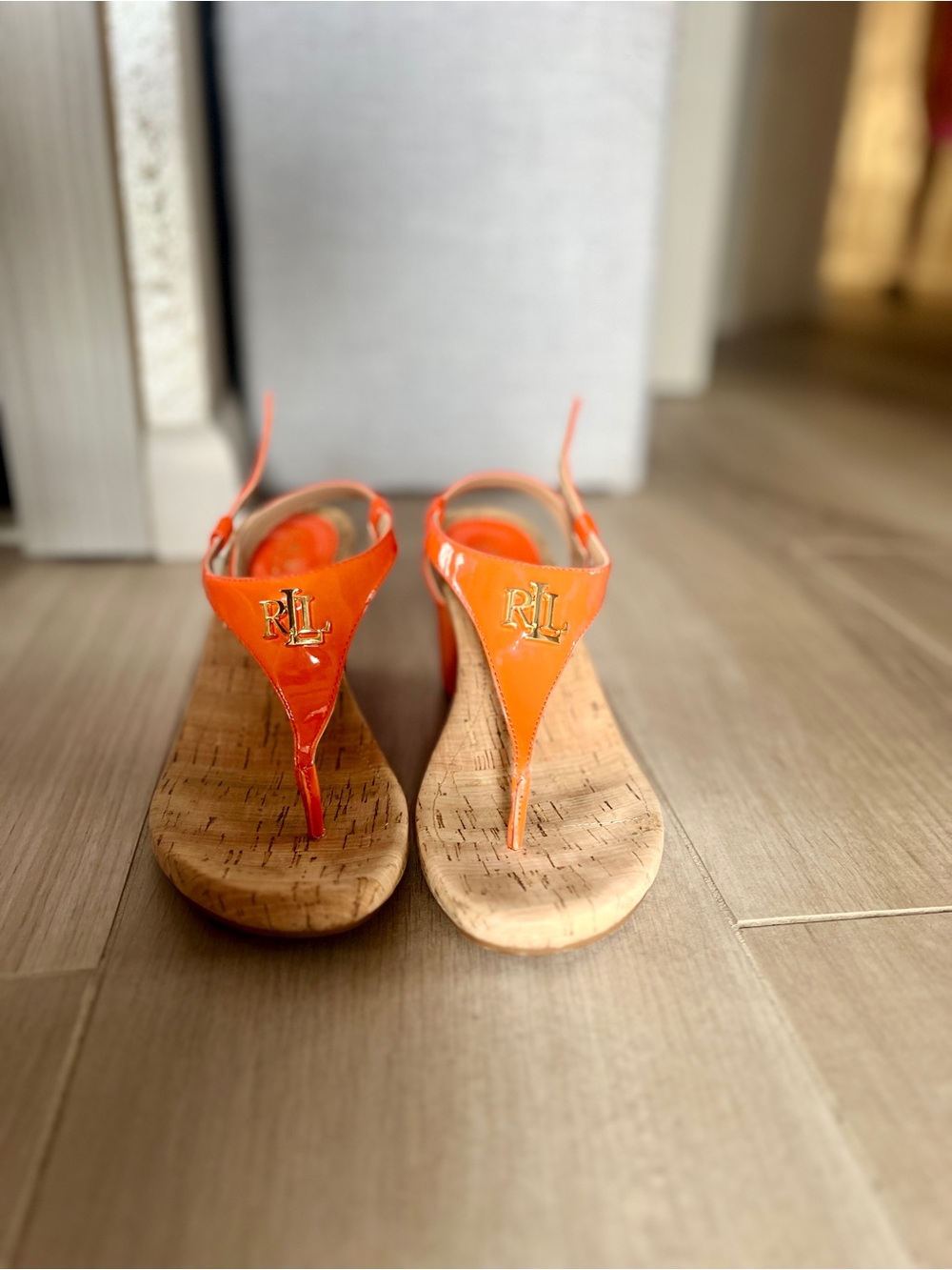 Ralph Lauren Orange Patent Cork Wedge Thong Sandals